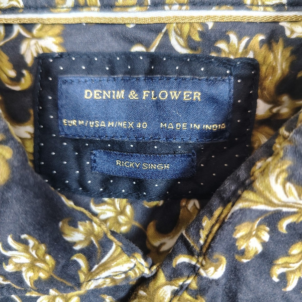 Denim & Flower Button Up Mens M Navy Gold Floral Baroque Slim Fit Cotton Shirt - Picture 3 of 7